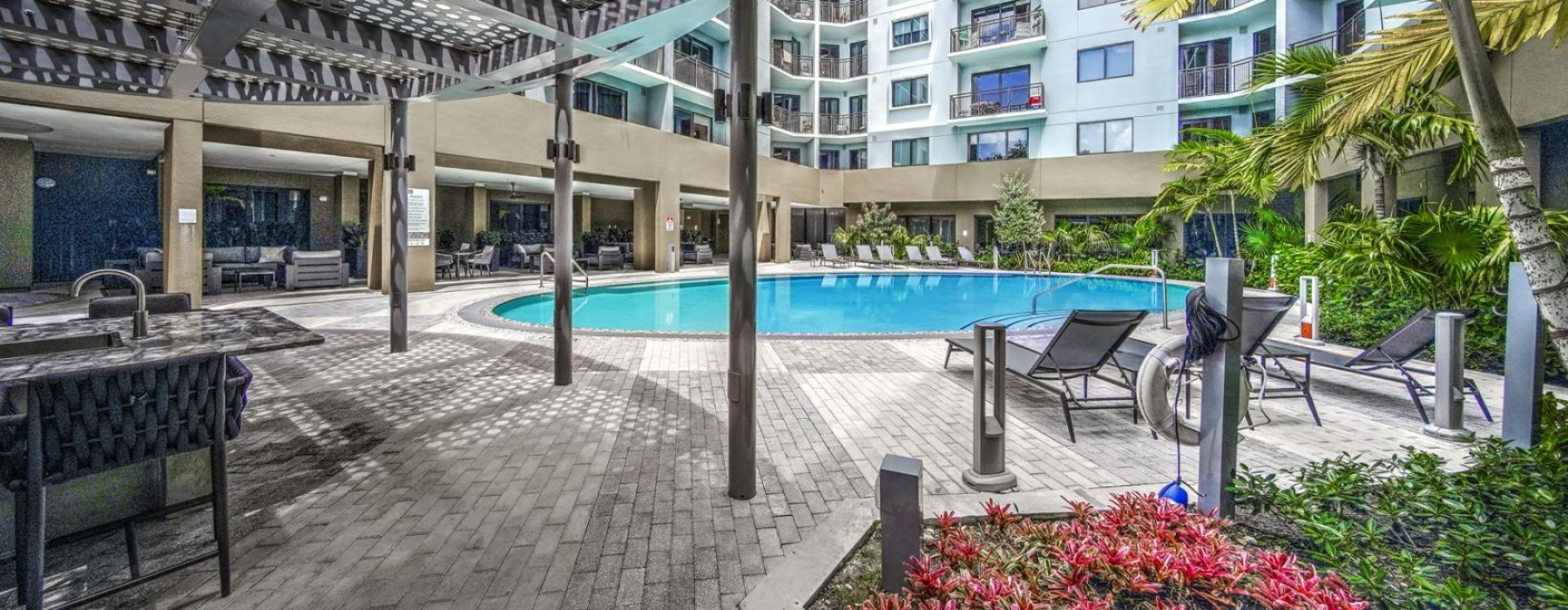 a swimming pool in a courtyard