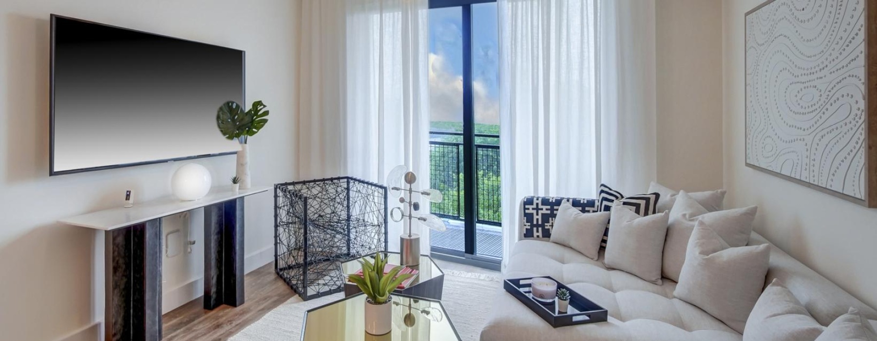 a living room with a large window