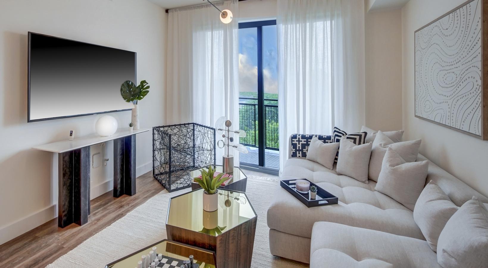 a living room with a large window